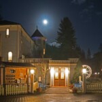 December 21st, 2018. The winter solstice full moon shines over Alexander's Lodge in Ashford, Washington.